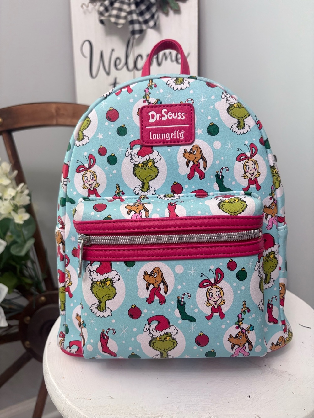 LOUNGEFLY Dr. Seuss Grinch Teal and Red Kids Mini Backpack NWT